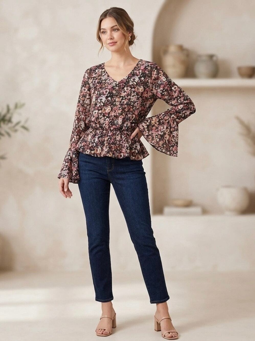 Peach Love black floral peplum blouse with long bell sleeves V-neckline Size LG